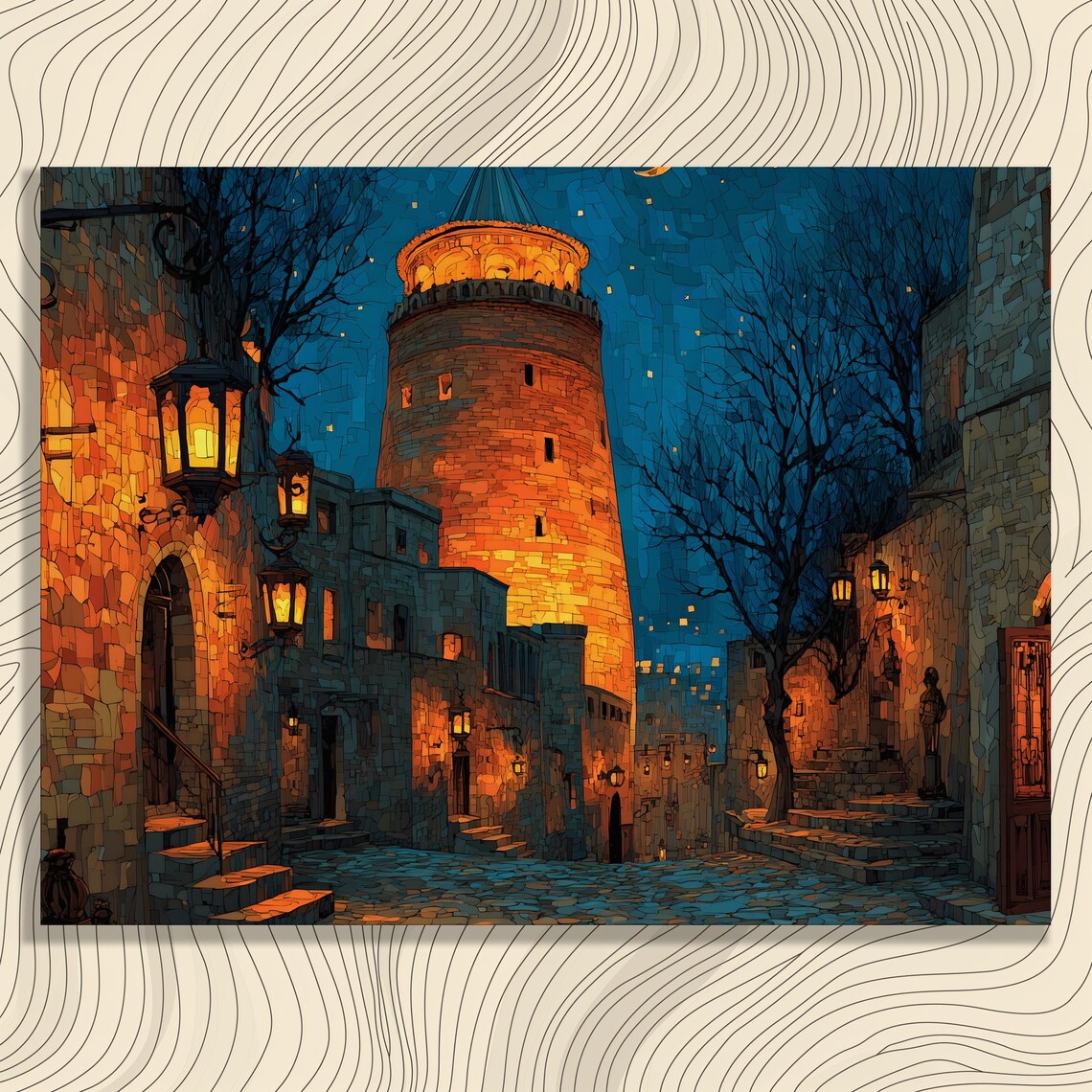 Medieval Tower Night Street Starry Sky Mosaic Style Art Poster