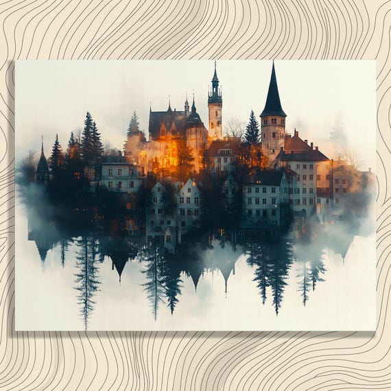 Surreal Gothic Cityscape Canvas Wall Art Misty Abstract Architecture Reflection Print Home Decor For Enthusiasts And Collectors