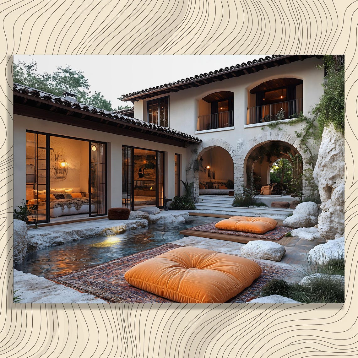 Luxury Mediterranean Villa Courtyard Evening Ambiance Art Print