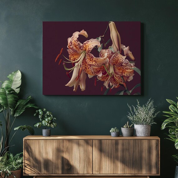 Tiger Lily Floral Canvas Wall Art Realistic Botanical Print With Orange Blooms On A Dark Purple Backdrop Contemporary Nature Decor