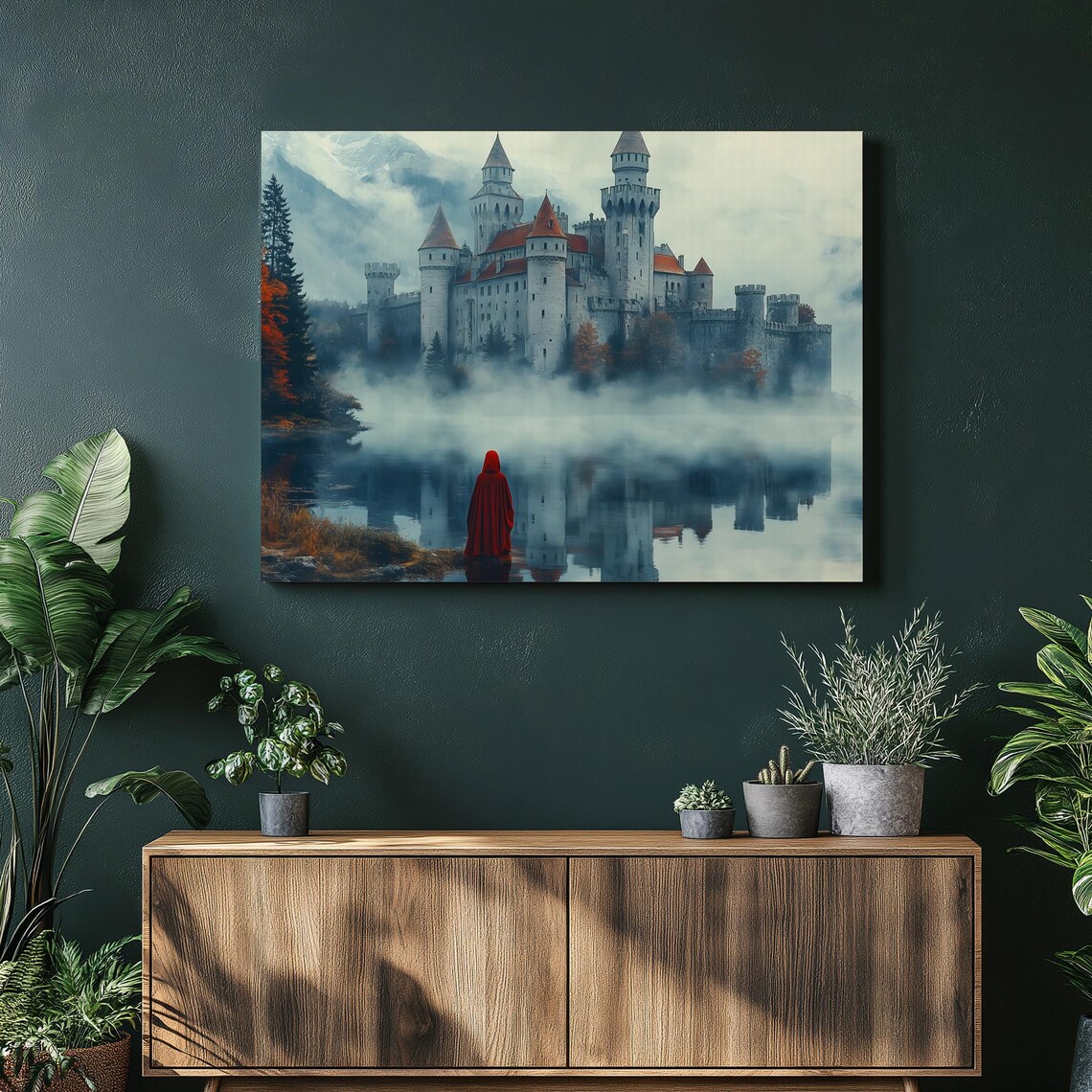 Misty Mountain Castle Lake Reflection Red Cloaked Figure Wall Art