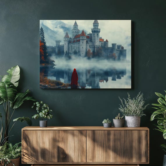 Medieval Castle Lake Canvas Wall Art Misty Mountain Reflection Fantasy Fortress With Cloaked Figure By Water Moody Landscape Decor Print