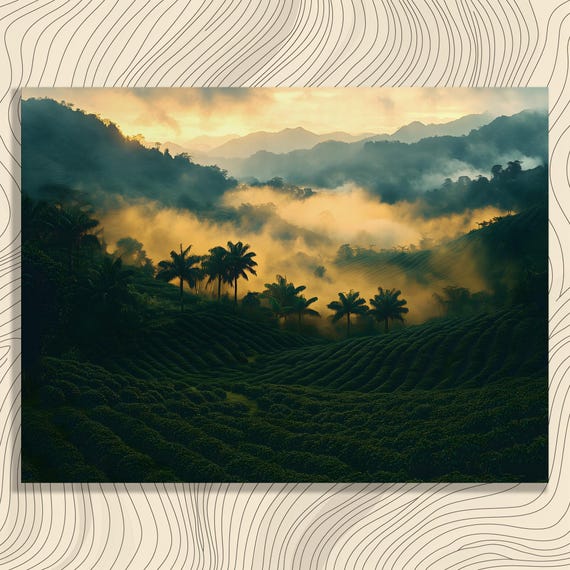 Misty Palm Hills Canvas Wall Art Tropical Sunrise Decor Print For Nature Lovers Collector Gift Landscape Painting