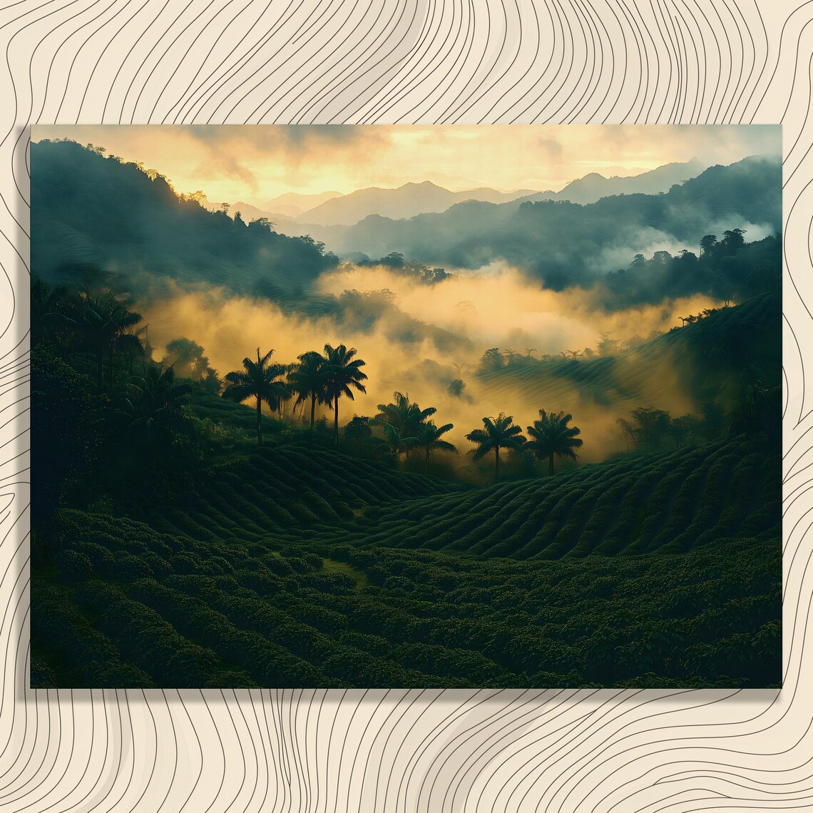 Misty Sunrise Plantation Hills Palm Trees Golden Fog Tropical Landscape Poster