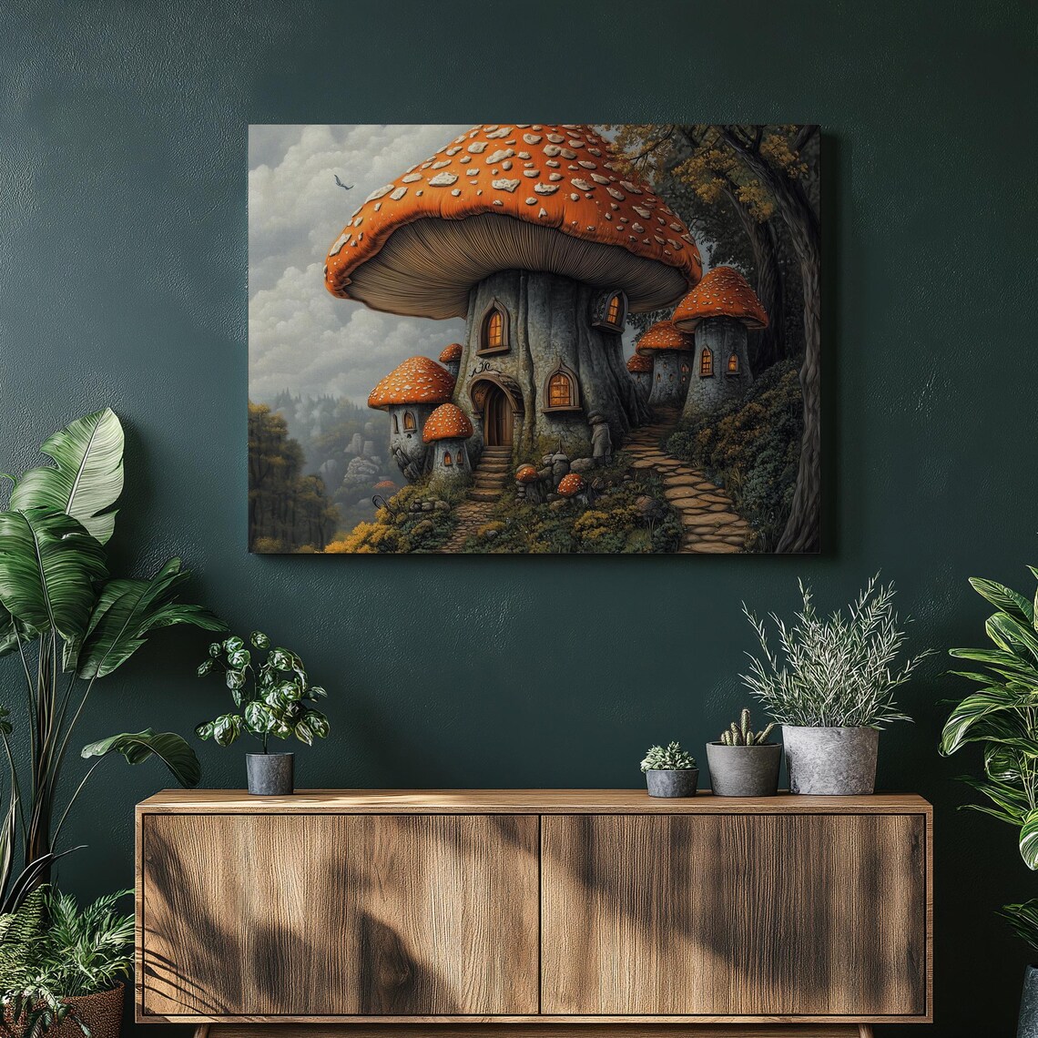Whimsical Mushroom House Fairy Village Forest Path Art Poster