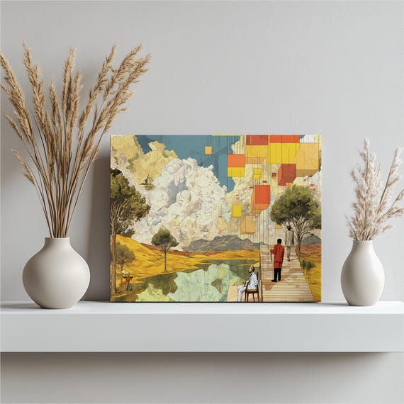 Surreal Staircase Canvas Wall Art Floating Cubes Over Lake Landscape With Trees And Contemplative Figures