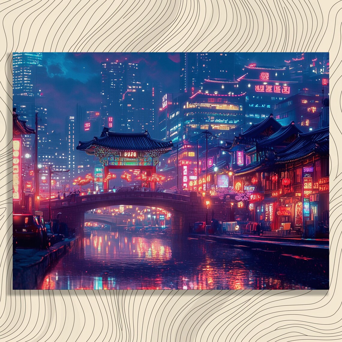 Seoul South Korea Neon Night City Traditional Gate Travel Poster
