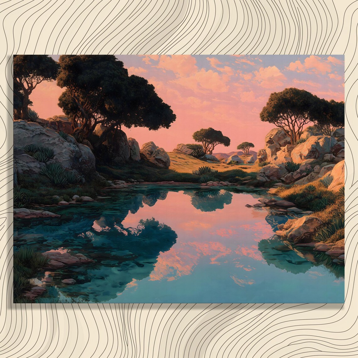 Serene Sunset Pond Reflection Pink Sky Trees Landscape Poster