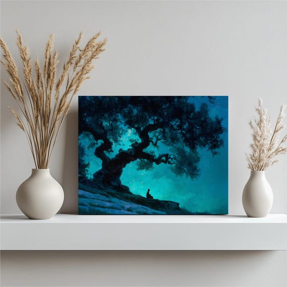 Meditative Night Tree Canvas Wall Art Meditation Landscape Silhouette Print Nature Tranquility Starry Sky Peaceful Forest