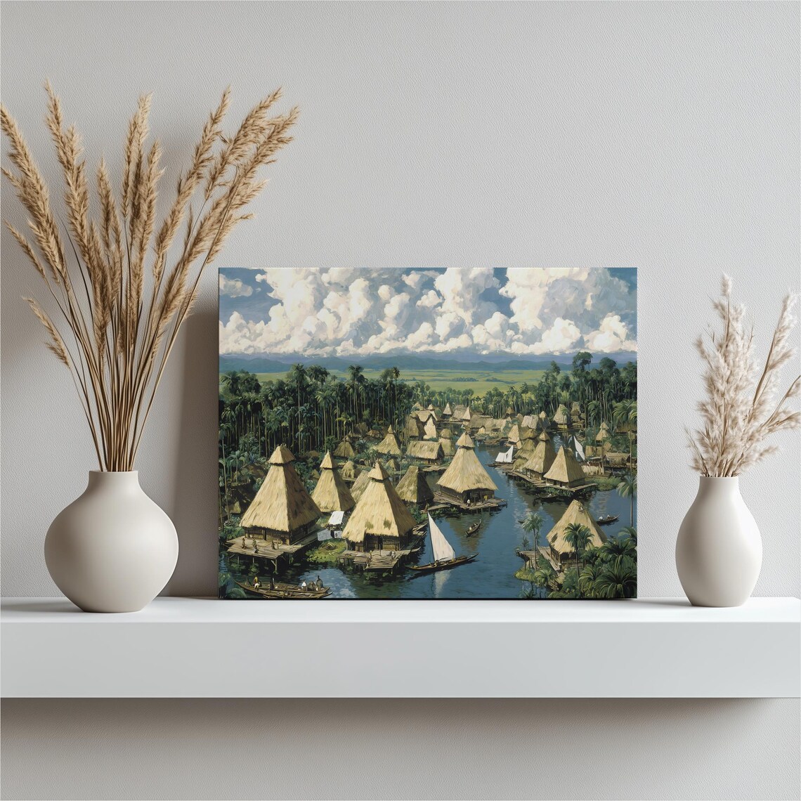 Tropical Floating Village with Thatched Stilt Houses Painting Poster
