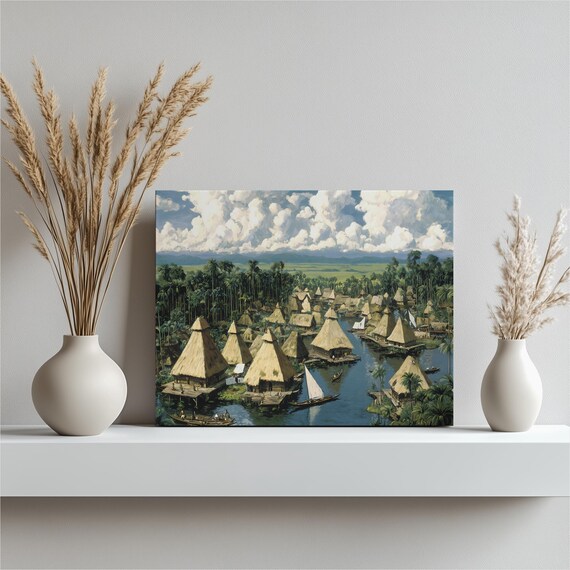 Tropical Floating Village with Thatched Stilt Houses Painting Poster