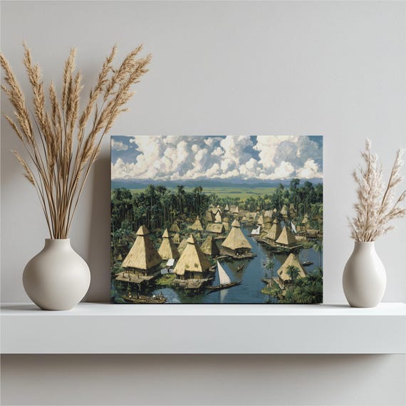Tropical River Village Canvas Wall Art Lush Rainforest Painting Palm Trees Sailboats Stilt Houses Nature Decor Jungle Landscape