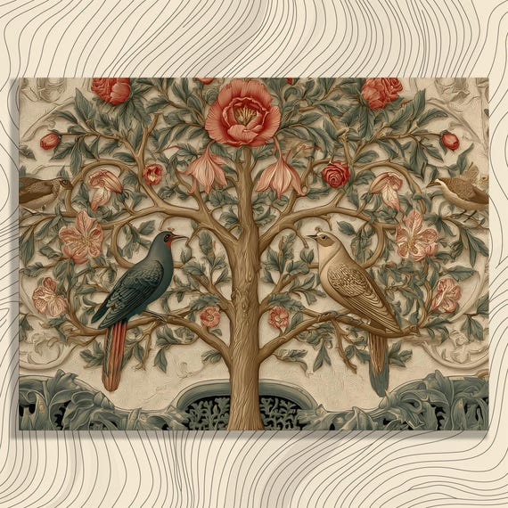 Vintage Bird Botanical Canvas Wall Art Nouveau Floral Tree Birds And Blossoms Foliage Pattern Print Nature Decor