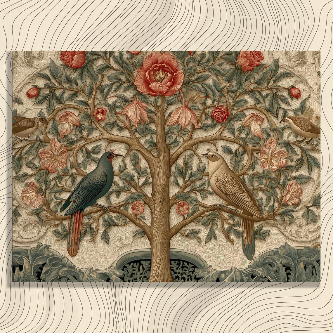 Vintage Bird Botanical Canvas Wall Art Nouveau Floral Tree Birds And Blossoms Foliage Pattern Print Nature Decor