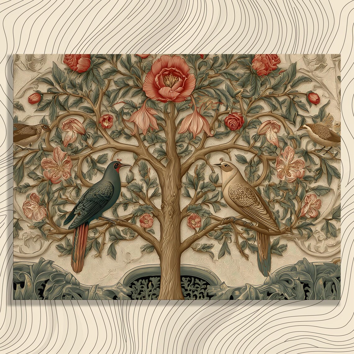 William Morris Style Birds on a Blossom Tree Vintage Art Poster