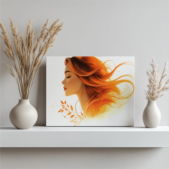 Boho Woman Profile Canvas Wall Art Serene Female Portrait With Flowing Hair And Botanical Accents