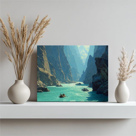 Turquoise River Canyon Canvas Wall Art Colorful Mountain Gorge Boat Painting Print Nature Decor Rafting Adventure Landscape Gift