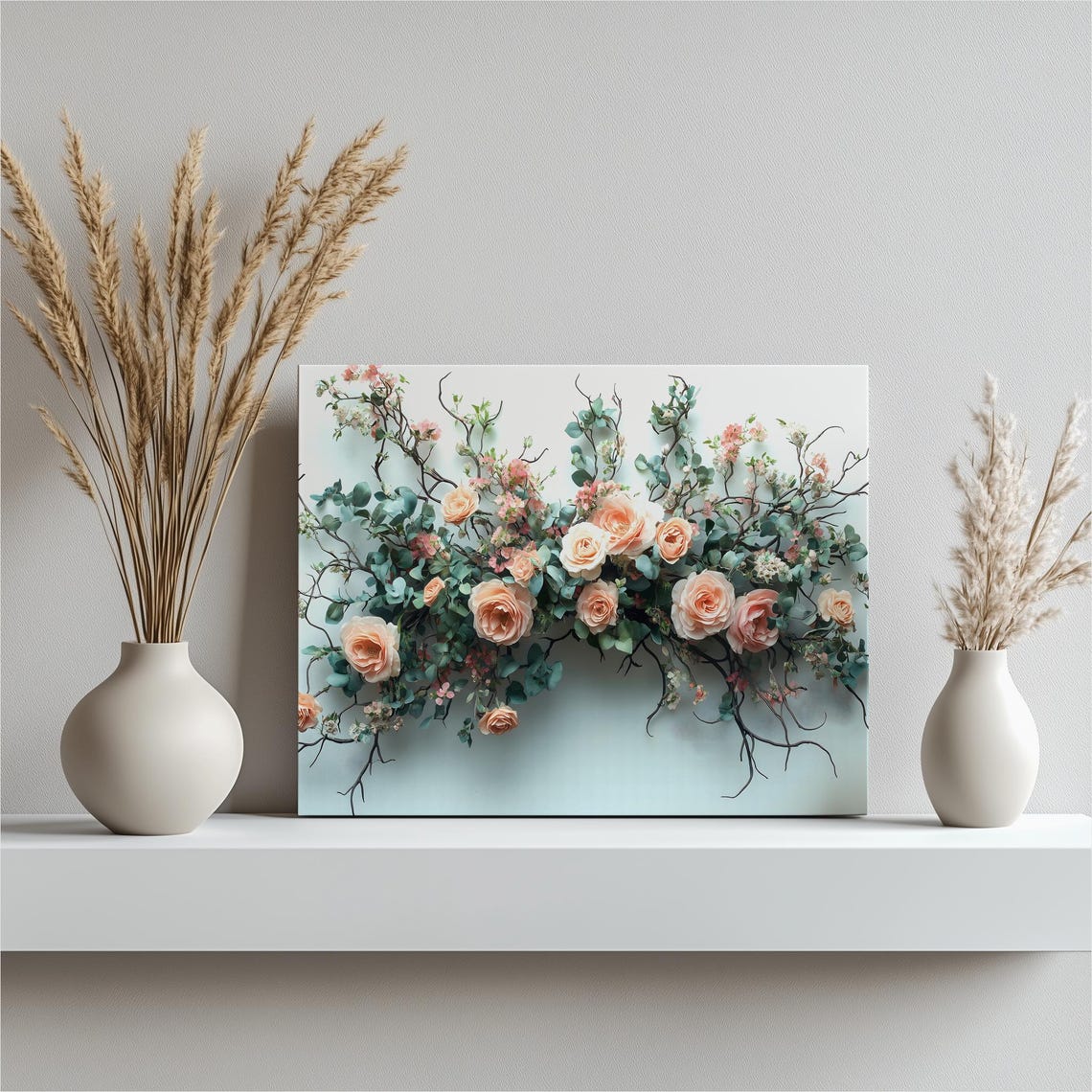 Peach Rose Floral Canvas Wall Art Cascading Eucalyptus Bouquet Print Romantic Botanical Decor Soft Pastel Roses Horizontal Arrangement