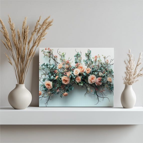 Peach Rose Floral Canvas Wall Art Cascading Eucalyptus Bouquet Print Romantic Botanical Decor Soft Pastel Roses Horizontal Arrangement