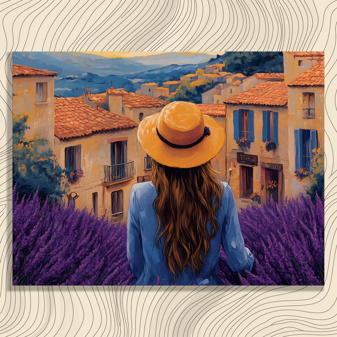 Provence Lavender Field French Village Sunset Painting Art Poster