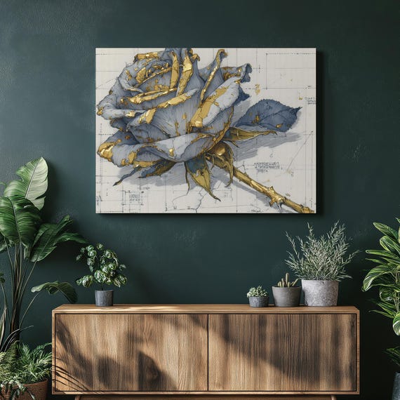 Stunning Rose Canvas Wall Art Modern Botanical Blueprint Line Print In Blue And Gold Decor Foil Floral Illustration
