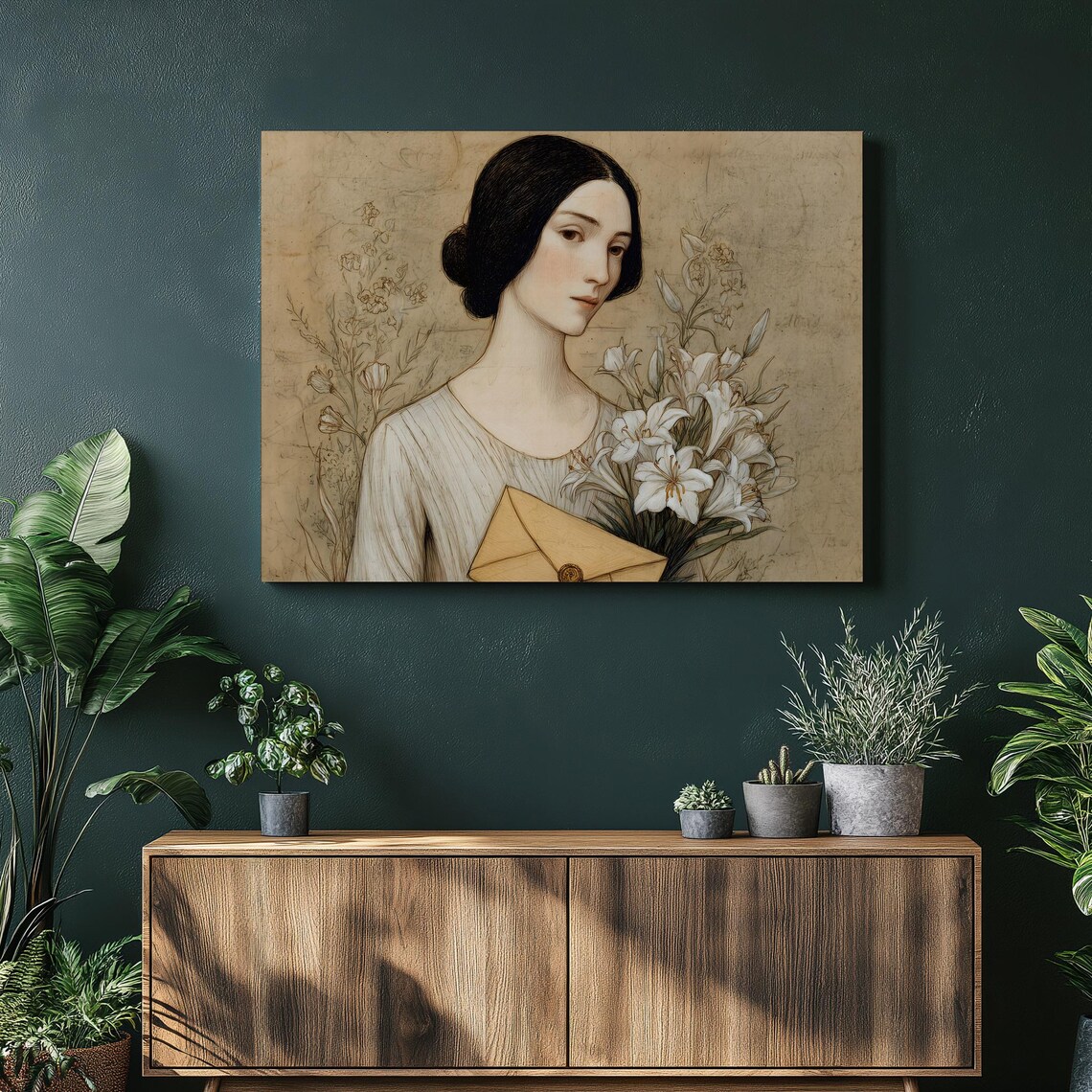 Vintage Woman White Lilies Letter Romance Floral Portrait Poster