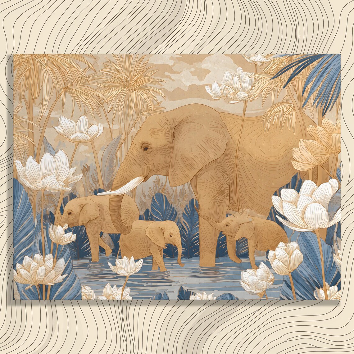 Elephant Family Mother Calves Lotus Floral Gold Blue Art Poster