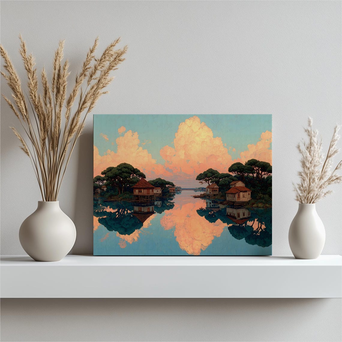 Stilt Houses Mirror Lake Sunrise Golden Cloud Reflection Poster