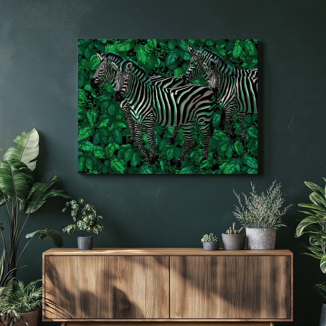 Zebras in Green Jungle Foliage Bold Wildlife Botanical Wall Art