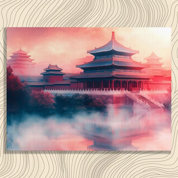 Misty Temple Canvas Wall Art Vintage Asian Architecture Reflection Landscape Print Serene Tranquil Heritage Decor Pink Blue