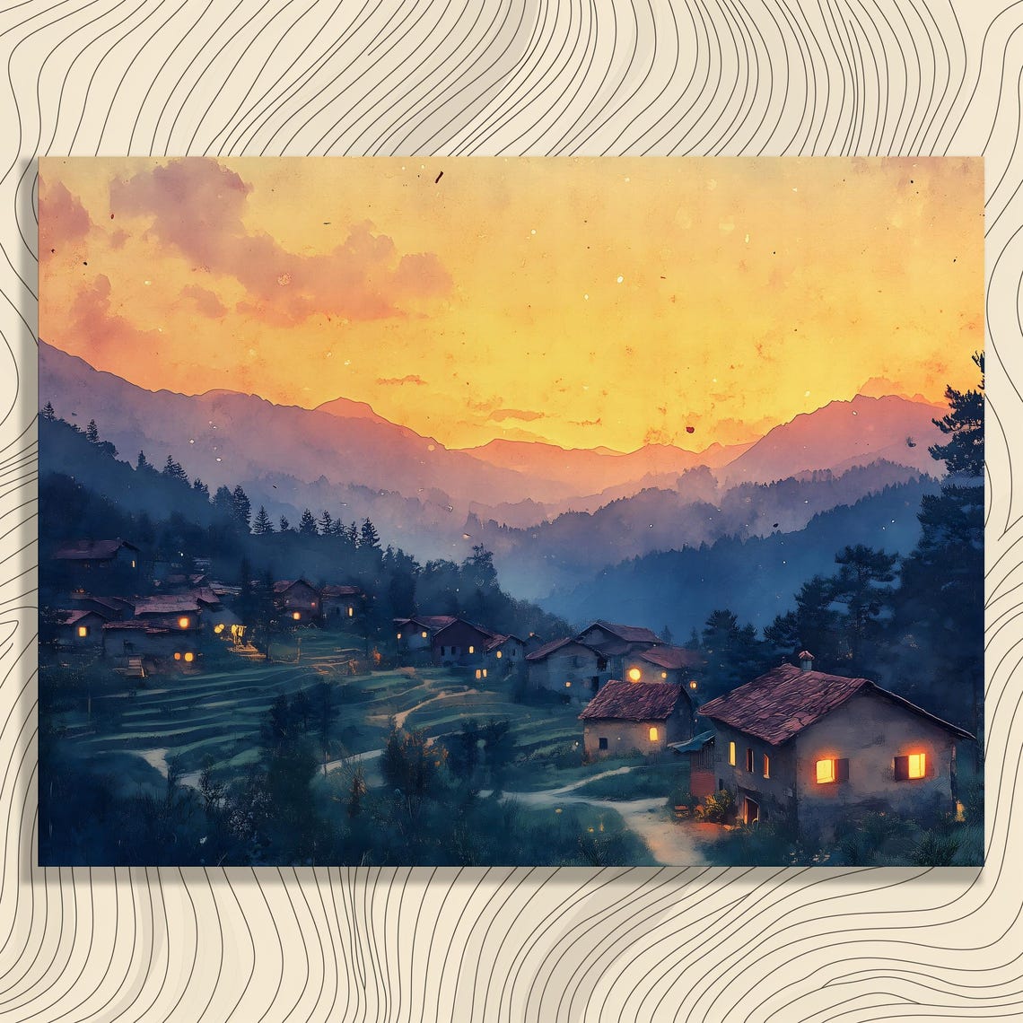 Village Sunset Glowing Windows Mountain Valley Watercolor Poster