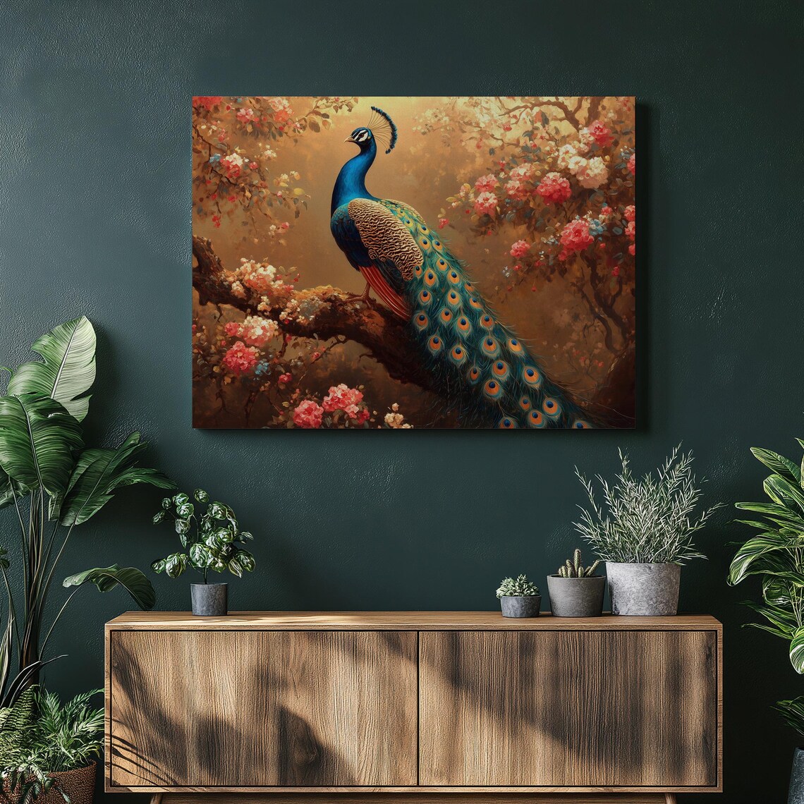 Regal Peacock on Blossom Branch Golden Light Oil Painting Poster