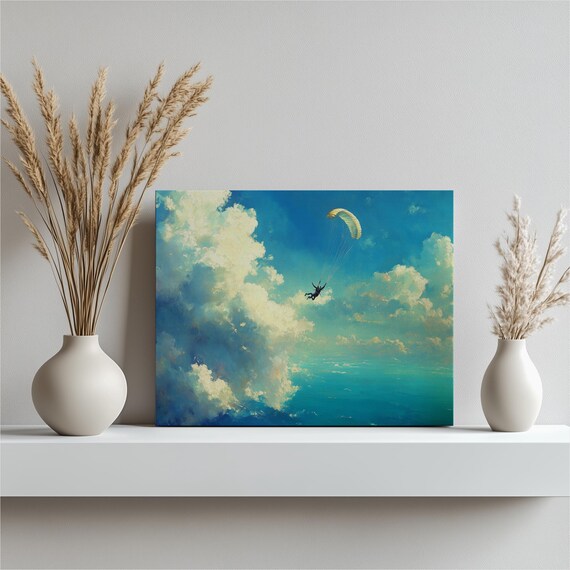 Paraglider Soaring Through Bright Blue Cloudy Sky Freedom Poster