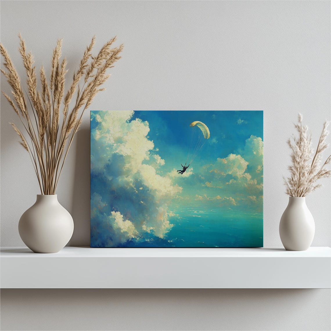 Paraglider Soaring Through Bright Blue Cloudy Sky Freedom Poster