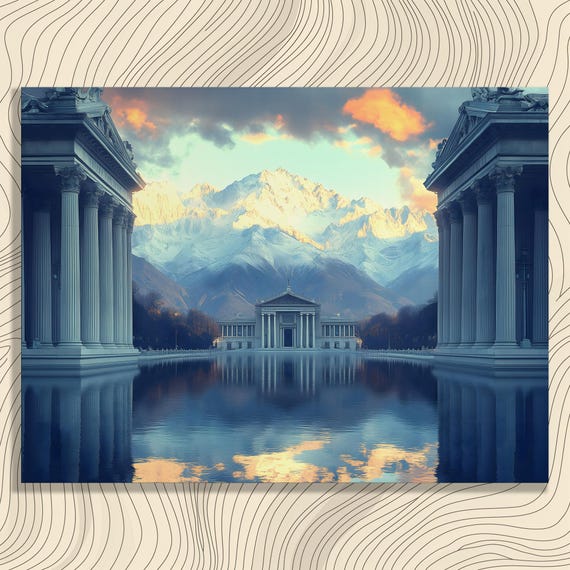 Classic Architecture Canvas Wall Art Serene Mountain Landscape Reflection And Neoclassical Temple Design Print Premium Fine
