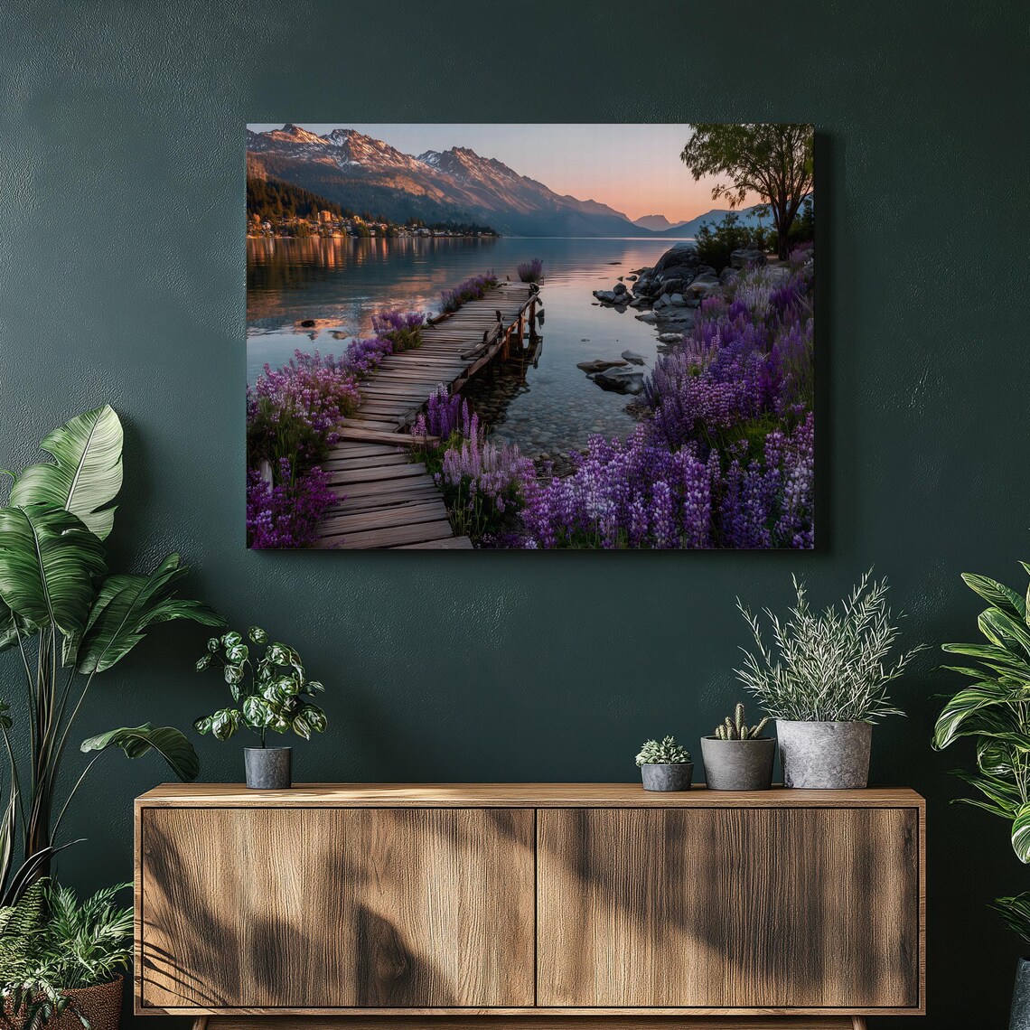 Mountain Lake Sunset Wooden Dock Wildflowers Lakeside Poster