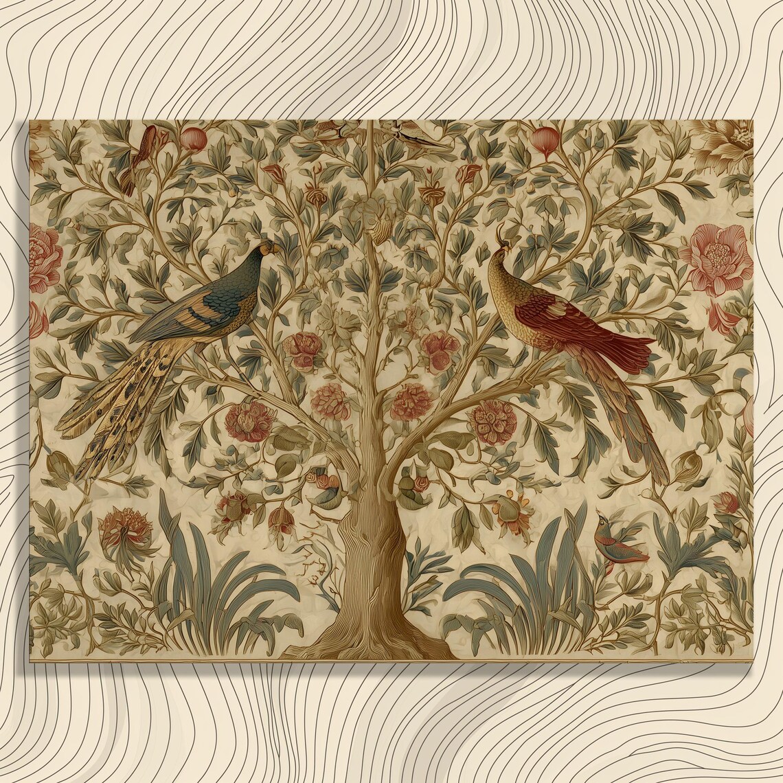 Vintage Botanical Birds on Tree of Life Tapestry Style Poster