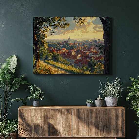 Lithuania Vilnius Old Town Canvas Wall Art Colorful Cityscape Sunset Landscape Print With Trees Historic Architecture For Home Decor