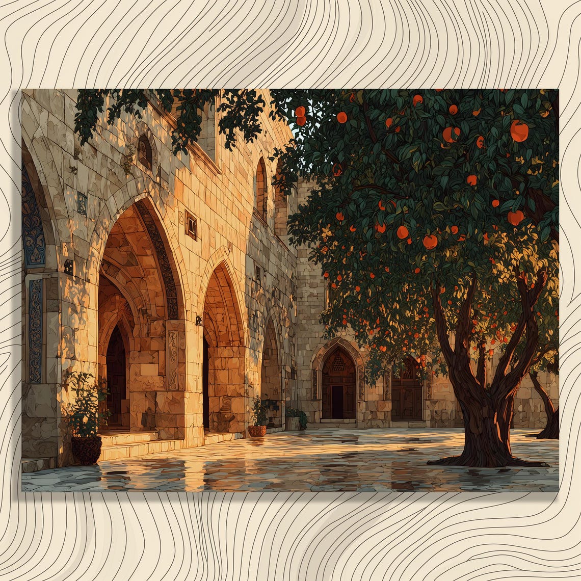 Sunlit Stone Courtyard with Orange Tree Arched Doorway Poster