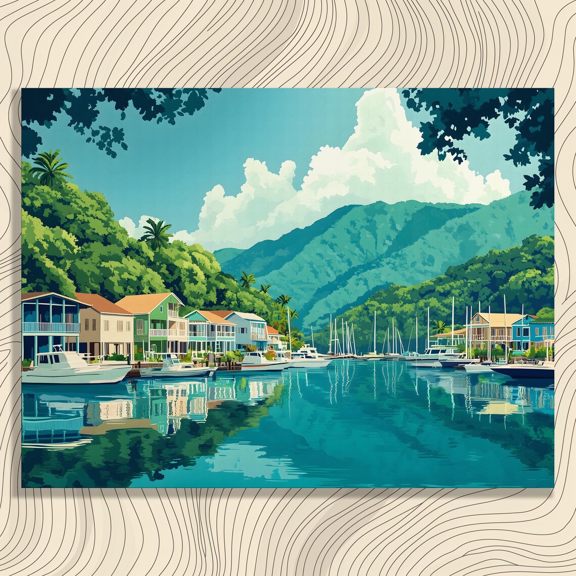 Tropical Coastal Harbor Colorful Houses Boats Mountain View Poster