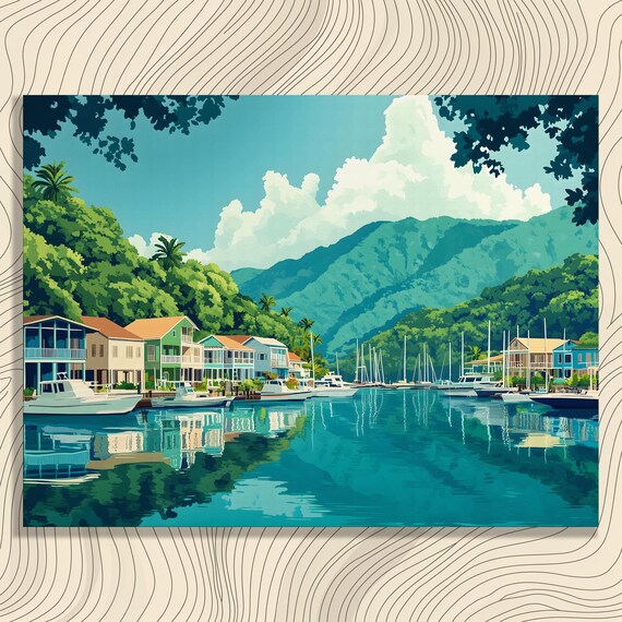 Tropical Coastal Harbor Colorful Houses Boats Mountain View Poster