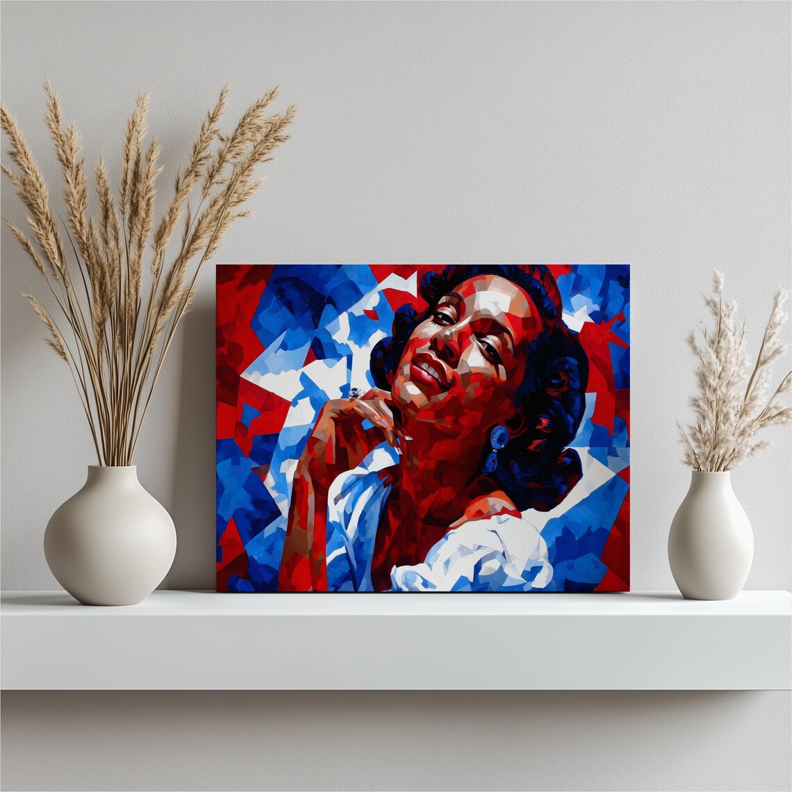 Cubist Woman Portrait Geometric Red Blue Abstract Faceted Art Poster