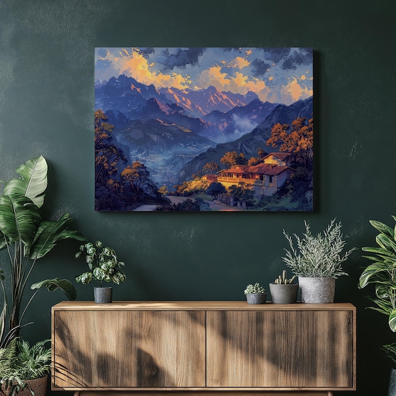 Sunset Mountain Valley Hacienda Warm Oil Painting Landscape Art Poster