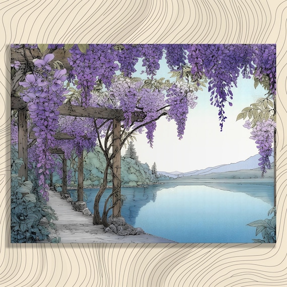 Wisteria Pergola Lakeside Canvas Wall Art Watercolor Landscape Botanical Print Violet Blossoms Lake View Natural Scenery Zen Garden Decor