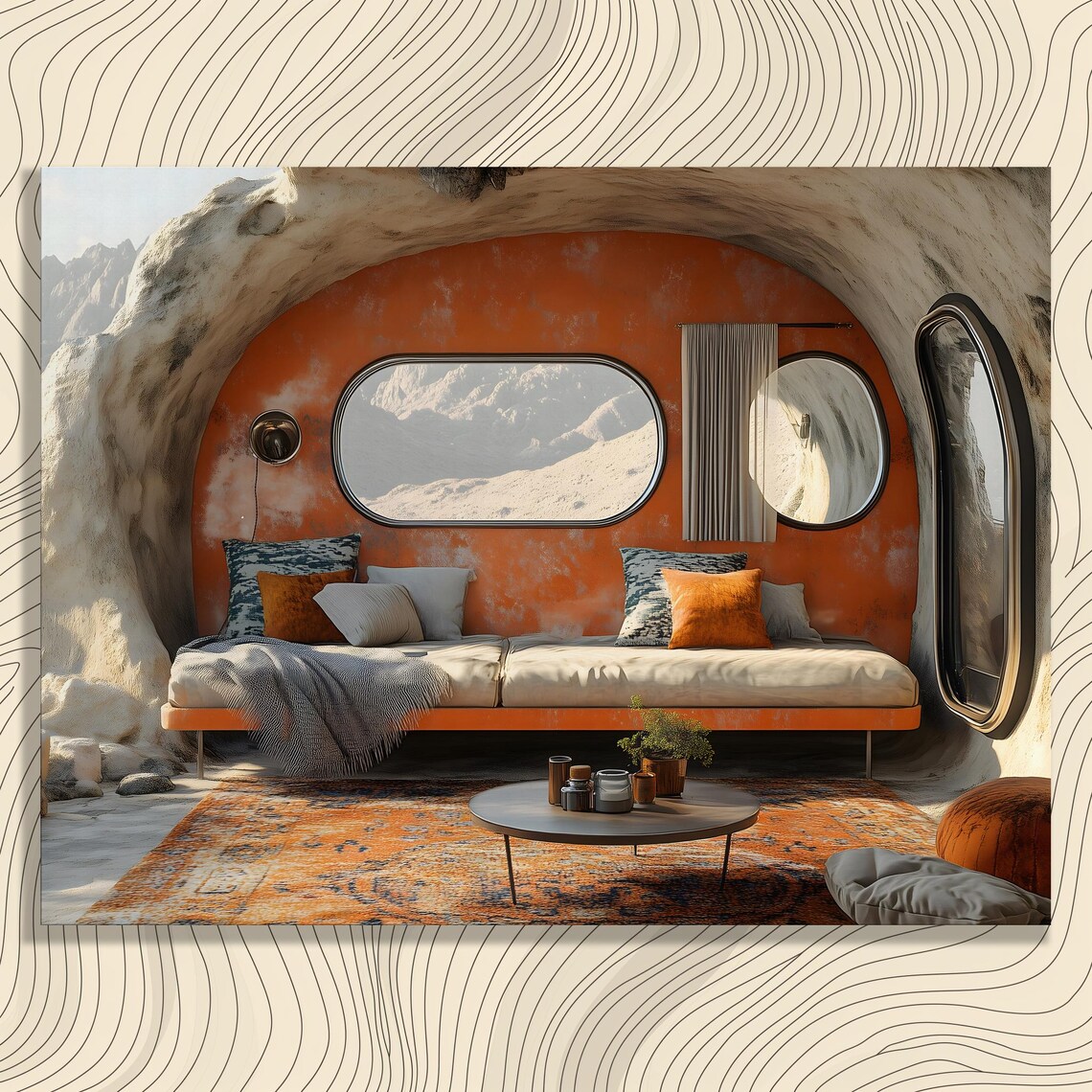 Modern Cave Living Room Orange Wall Desert View Interior Poster