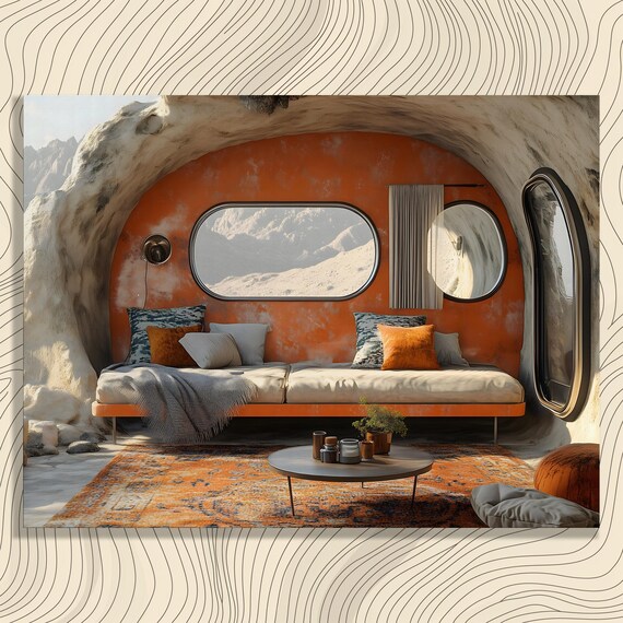 Cozy Cave Interior Canvas Wall Art Modern Painting Futurism Home Decor Abstract Orange Beige Design Print