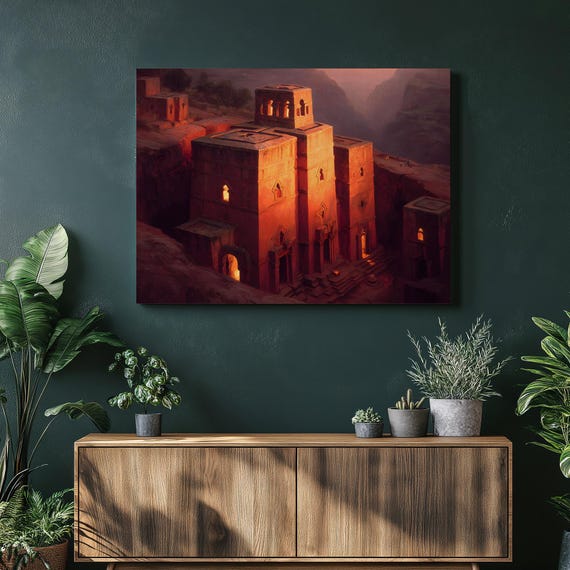 Ancient Rock Church Canvas Wall Art Stone Carved Ethiopian Painting Canyon Sunset Print Monument Decor Travel Gift