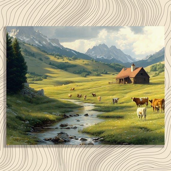 Serene Mountain Cabin Canvas Wall Art Rustic Farmhouse Landscape With Grazing Cattle And Flowing Stream Pastoral Charm Print