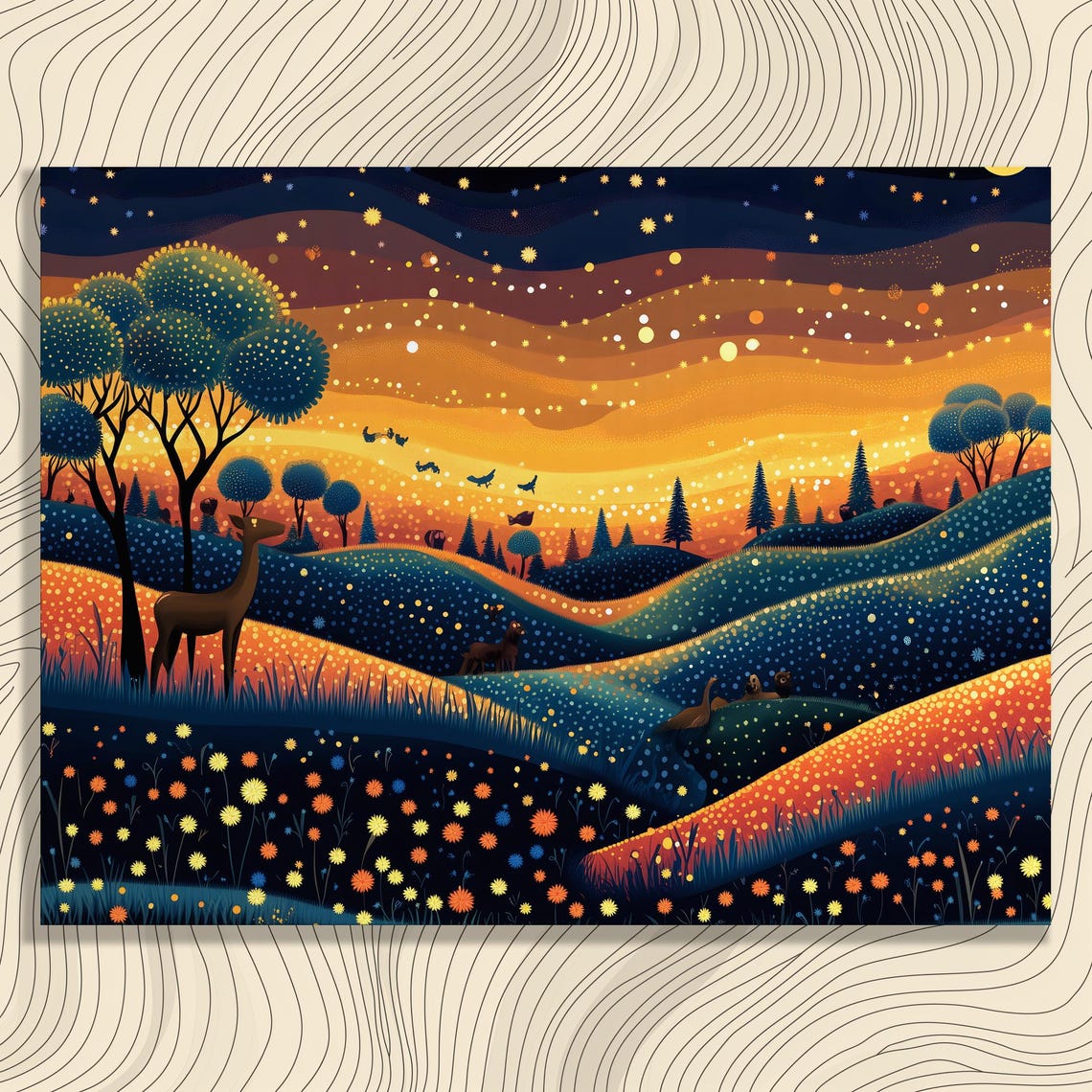 Whimsical Starry Night Deer Rolling Hills Folk Art Landscape Poster