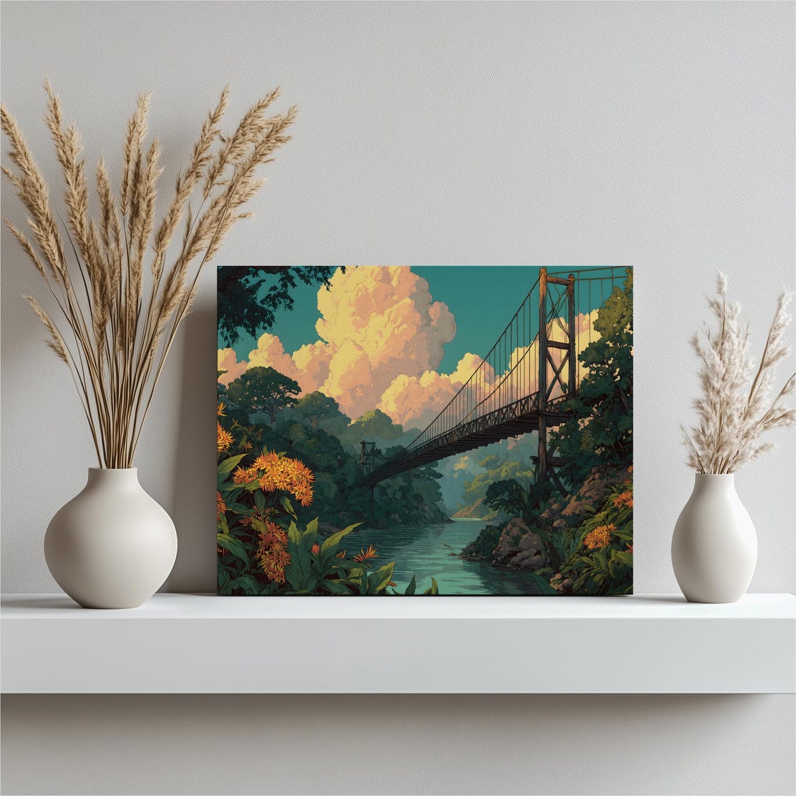 Tropical Jungle Bridge Canvas Wall Art Lush River Landscape Botanical Print Nature Illustration Cloudscape Green Foliage Teal Sky Decor